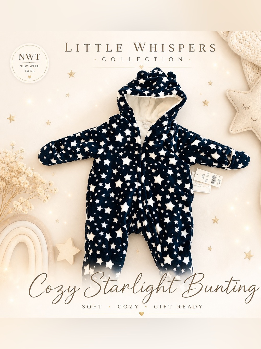 Quiltex Star Fleece Bunting 3-6M NWT Hooded Baby Snowsuit Navy